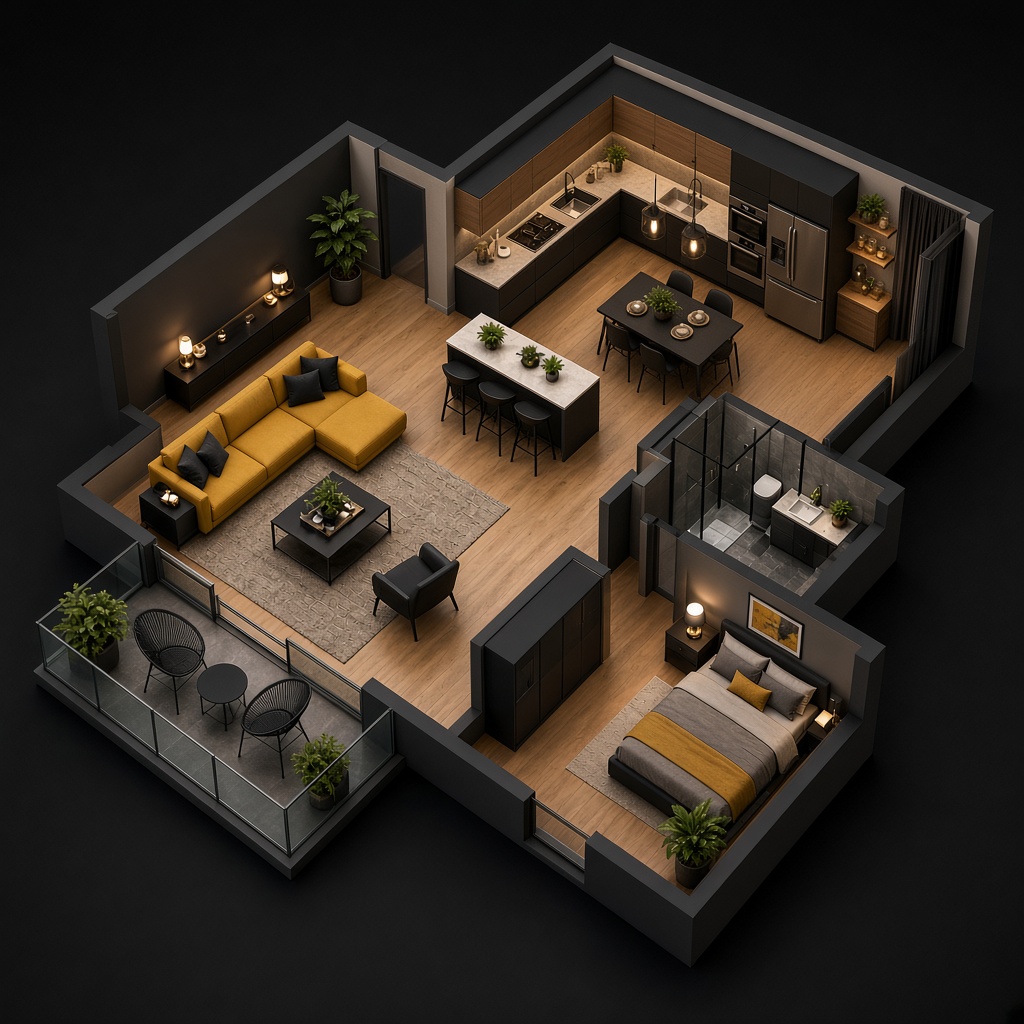 Render 3D isométrico do apartamento mobiliado