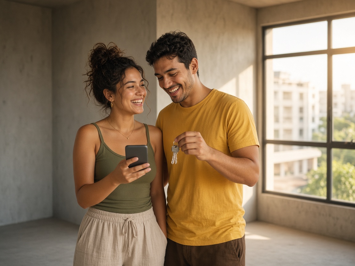 Casal sorrindo no apartamento novo segurando as chaves e um celular