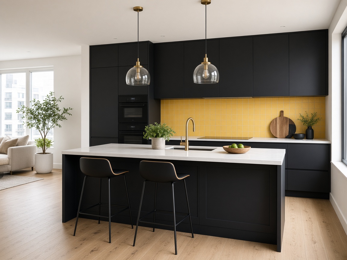 Cozinha com armários pretos e revestimento amarelo
