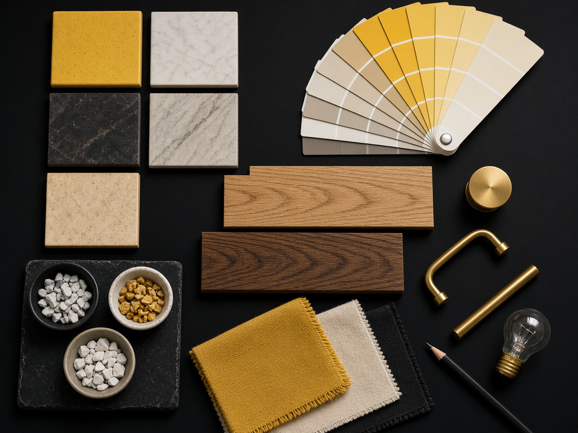 Amostras de materiais: revestimentos, madeiras, tecidos e metais