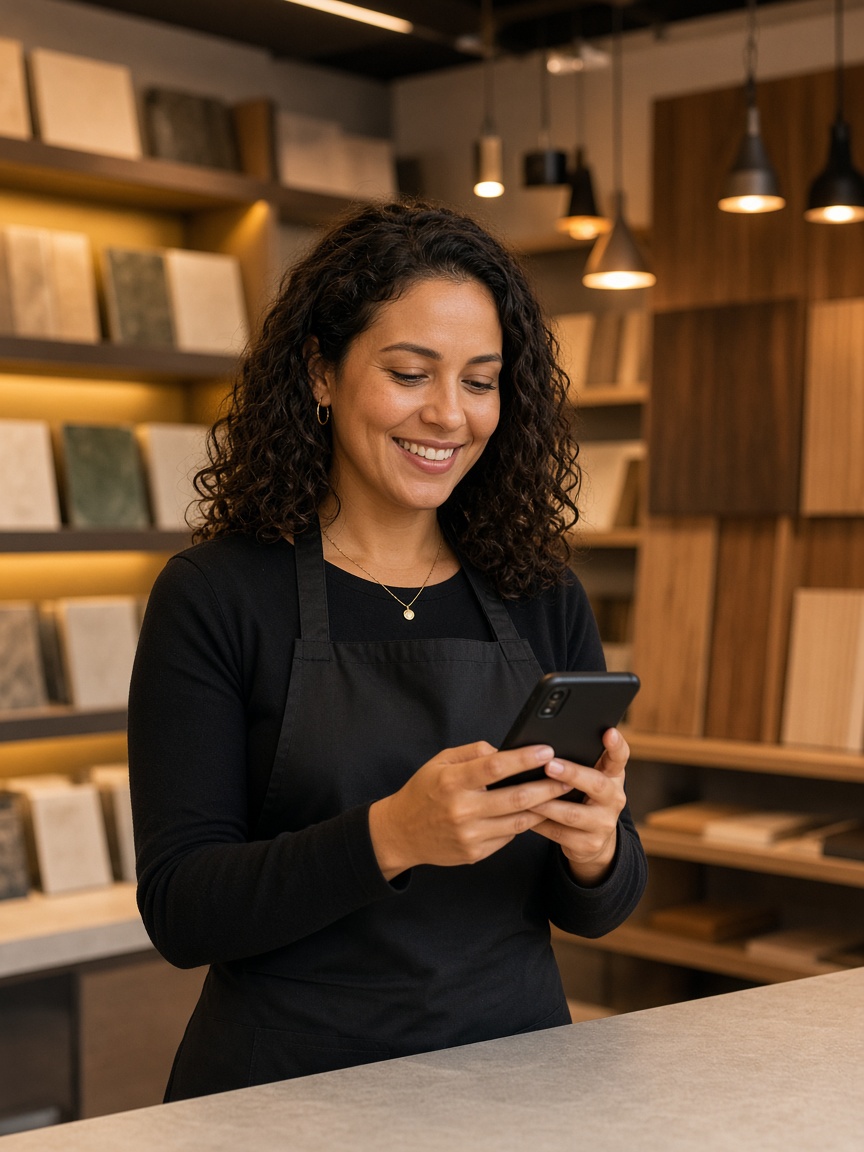 Fornecedora sorrindo enquanto responde mensagens no celular em seu showroom